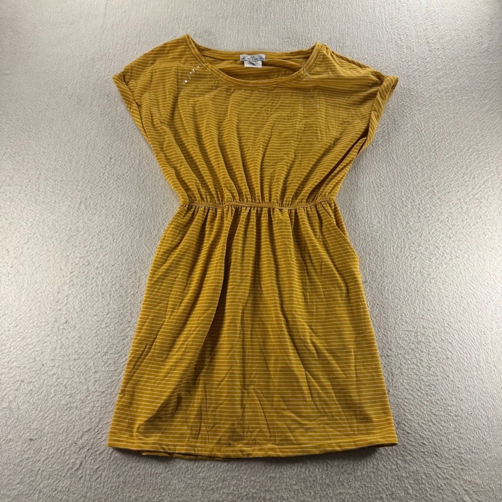 Poof New York Striped Mini Dress Womens Medium Mustard Yellow Good Pocketed Boho